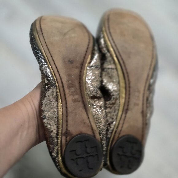 Tory Burch Eddie Glitter Slip On Ballet Flats Womens Size 9 Bronze Sparkle - Picture 11 of 11